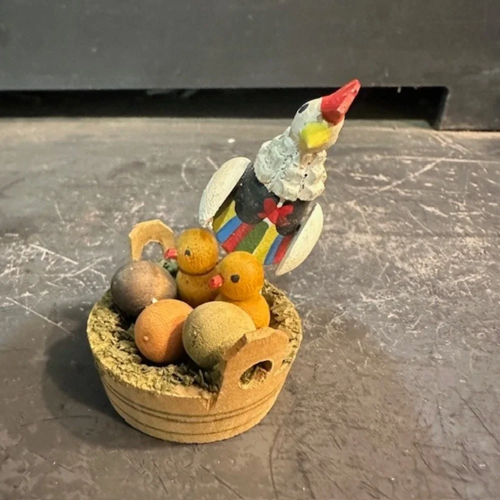 Eclectic Chicken Hen with Chicks‎ in Basket Easter Spring Figurine Decor